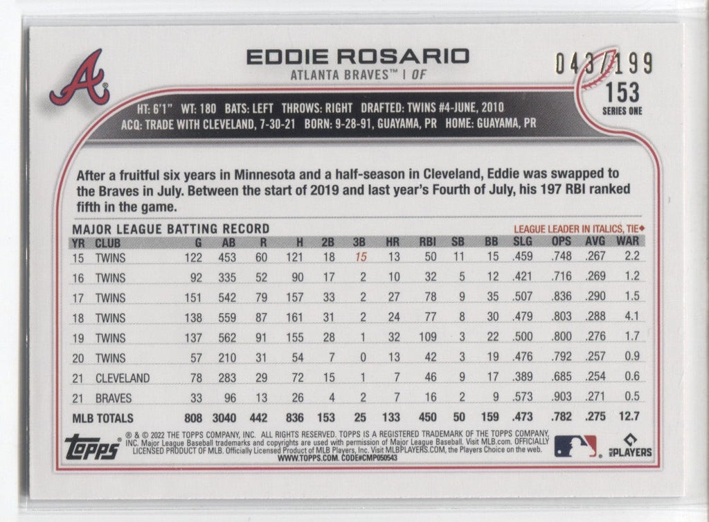 Eddie Rosario Atlanta Braves 153 MLB 2022 Topps Baseball Series 1