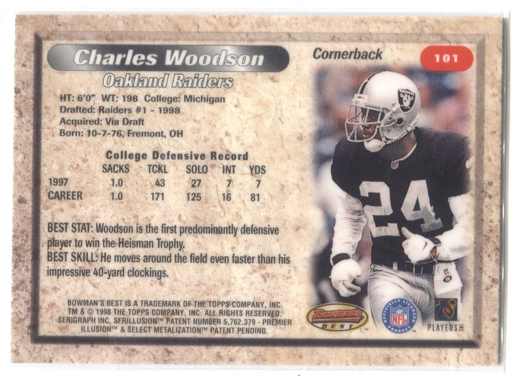 1998 Charles Woodson Topps Bowman's Best ROOKIE RC #101 Oakland Raider