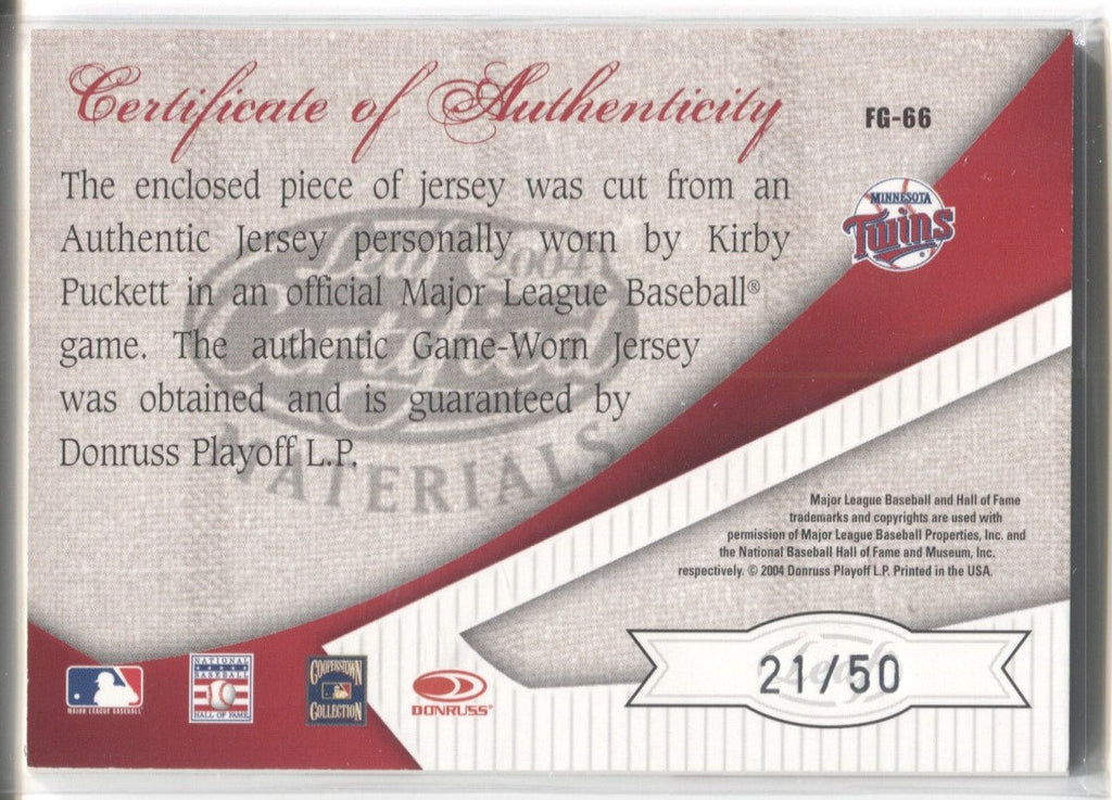 2004 Kirby Puckett Leaf Certified Materials FABRIC OF THE GAME AWARD J
