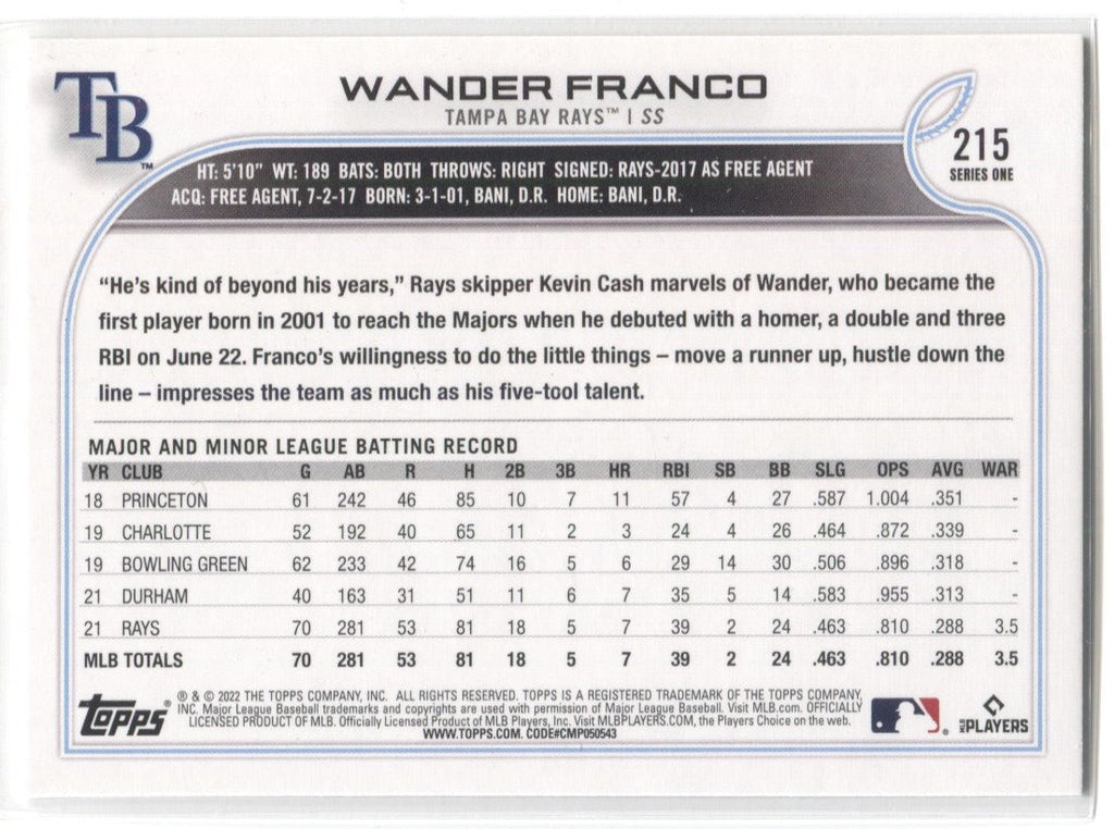 2022 Topps Series 1 Wander Franco Rookie RC #215 Tampa Bay Rays
