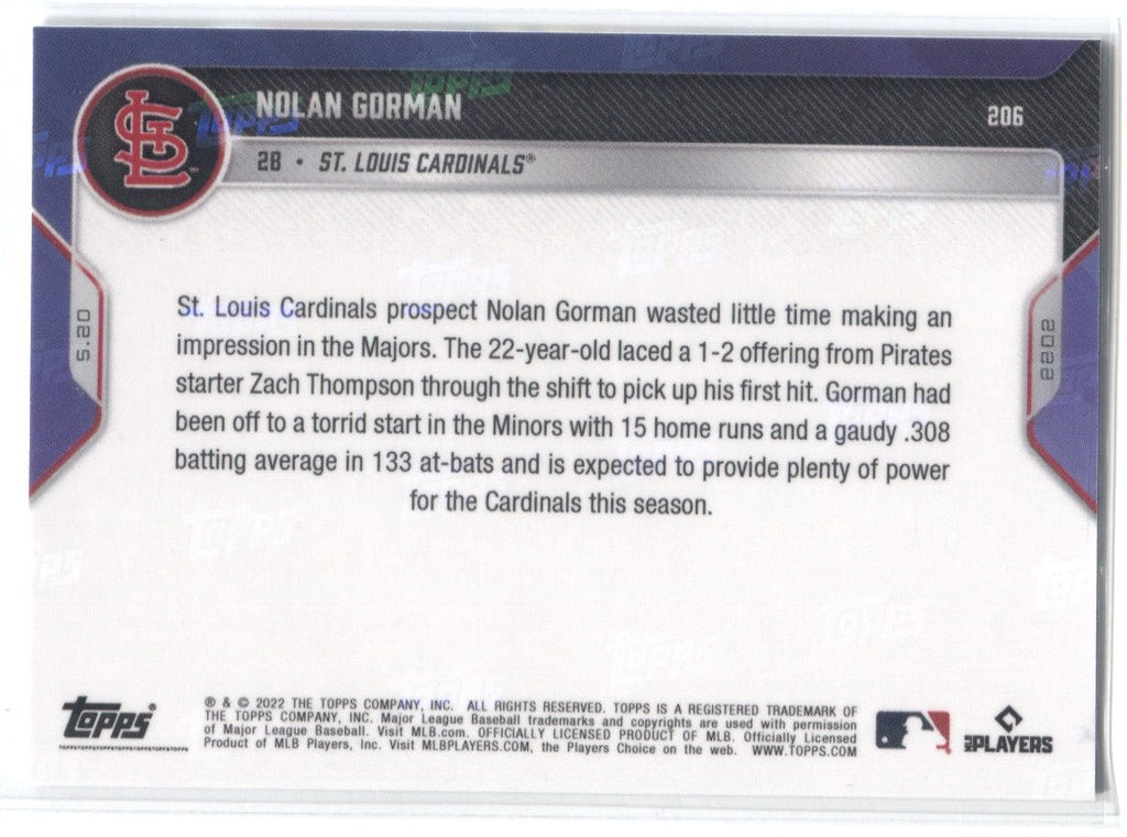 2022 Nolan Gorman Topps Now CALL-UP TOP PROSPECT SINGLES IN 1ST MLB AT