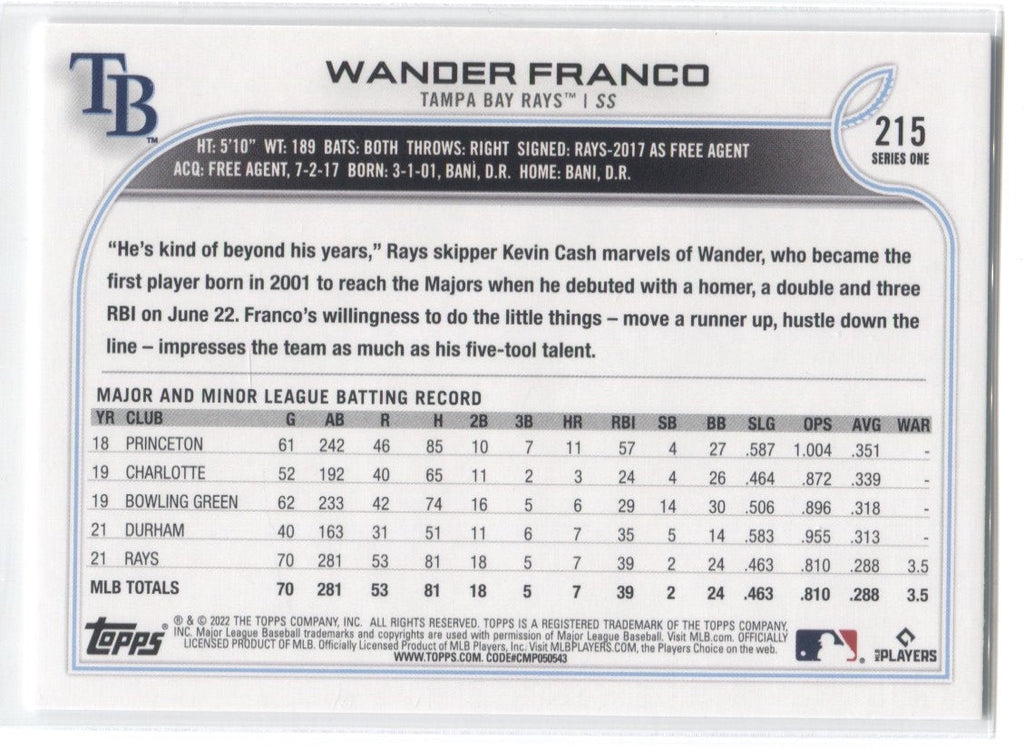 WANDER FRANCO (8) Card Rookie Lot - Tampa Bay Rays