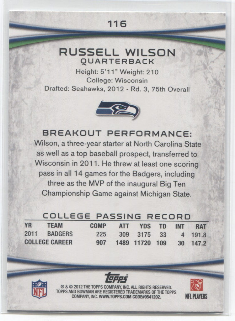 RUSSELL WILSON ROOKIE CARD College Baseball NC STATE Seattle Seahawk  Football RC 