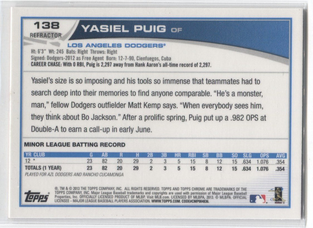 2013 Yasiel Puig Topps Chrome ORANGE REFRACTOR ROOKIE RC #138 Los Ange