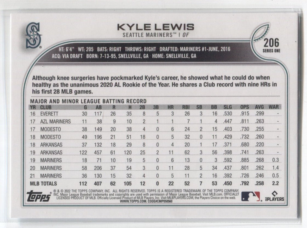 2022 TOPPS #206 KYLE LEWIS SEATTLE MARINERS