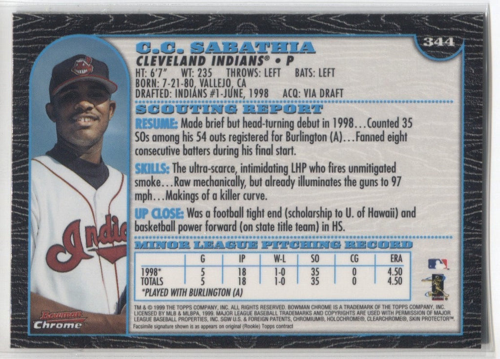 1999 C.C. Sabathia Bowman Chrome ROOKIE RC #344 Cleveland Indians