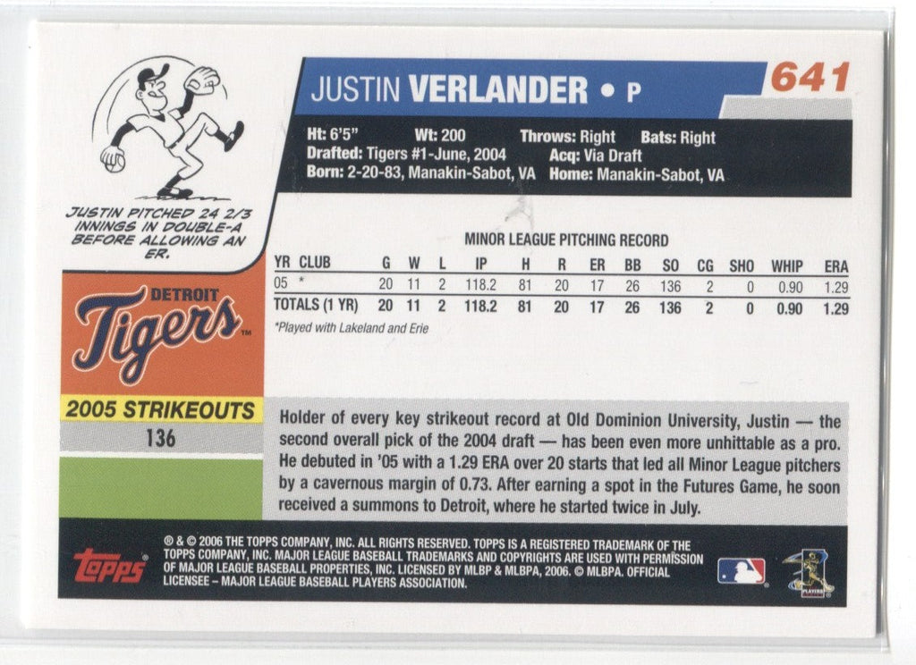 2006 topps justin verlander rookie card #641 detroit tigers