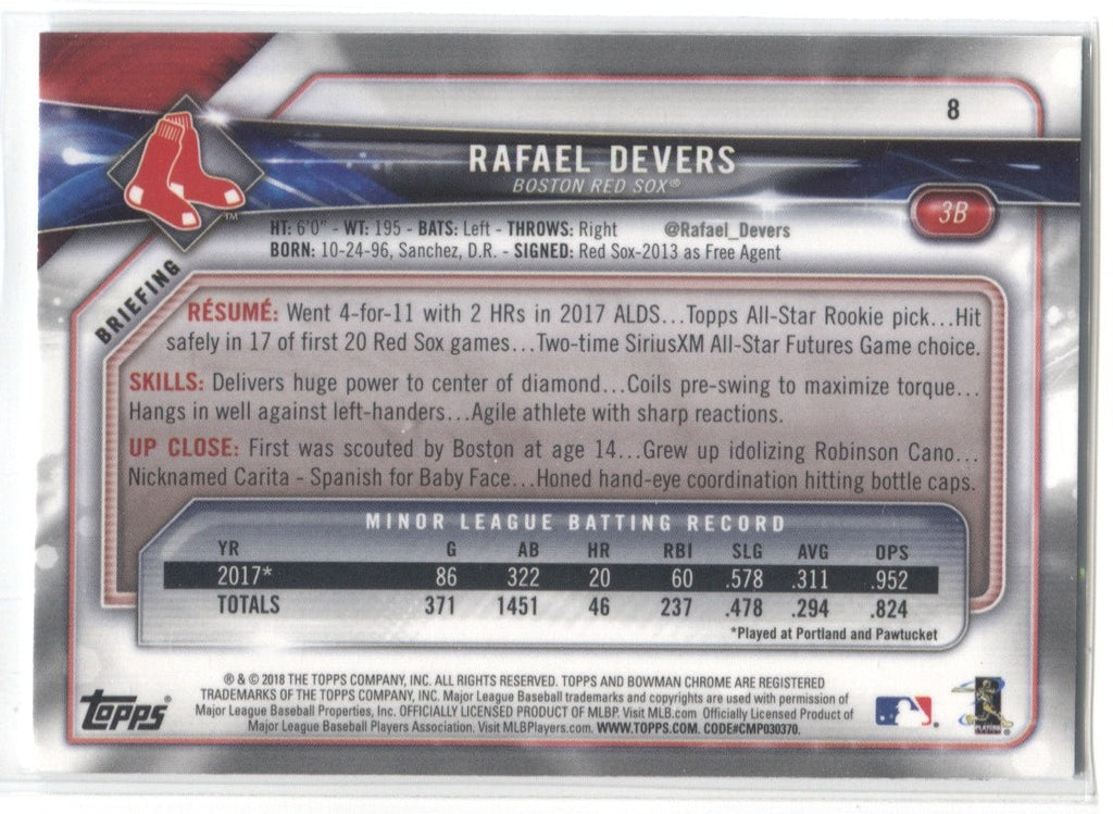 Rafael Devers Boston Red Sox 2018 Bowman Chrome # 8 Rookie