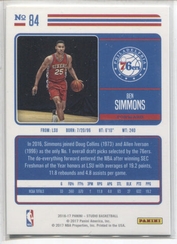 2016-17 Ben Simmons Panini Studio ROOKIE RC #84 Philadelphia 76ers