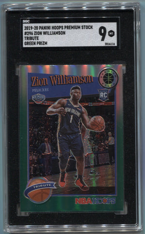 2019-20 Zion Williamson Panini NBA Hoops Premium Stock GREEN TRIBUTE ROOKIE RC SGC 9 #296 New Orleans Pelicans 6116